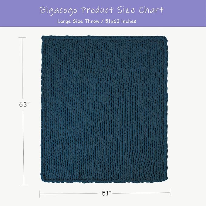 Bigacogo Chunky Knit Throw Blanket for Couch, 51x63 inches, 100% Hand Knitted with Thick Jumbo Chenille Yarn, Cozy Soft Large Rope Knot Cable Crochet Blankets for Sofa Bed Living Room, Deep Sea Blue-Ruum Studio Home