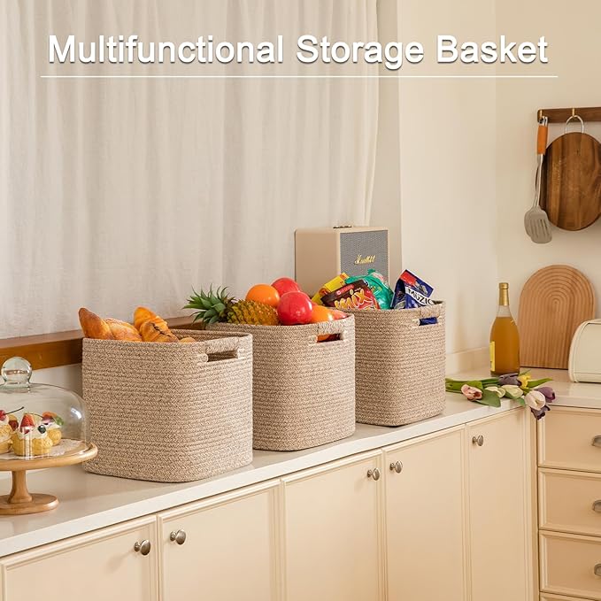OIAHOMY Storage Cubes 11 Inch Storage Bins-3-Pack, Cotton Rope Woven Baskets for Organizing, Square Storage Baskets for Shelves Organizer, Classroom, Kids Toy Bins, Closet, Baby Nursery-Brown-Ruum Studio Home