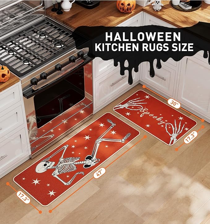 Halloween Kitchen Mat Set of 2, Spooky Skeleton Gothic Halloween Kitchen Decor, Halloween Rug for Floor, Indoor Spooky Home Decor with Non-Slip Backing,17 x 29 Inch & 17 x 47 Inch-Ruum Studio Home