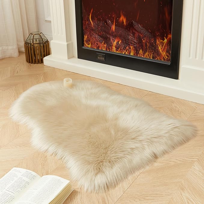 AMTOVO Faux Fur Rug, Beige Small Area Rug, Fluffy Sheepskin Rug, Fuzzy Ultra Soft 2 x 3 ft Shag Rugs for Bedroom Sofa Throw Cushion Room Decor, Sheepskin-Ruum Studio Home