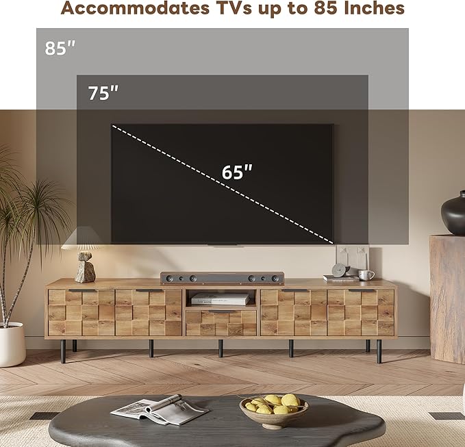 Modern TV Stand for TVs up to 85", Mid-Century Media Console with Checkered Cabinet Doors, Storage Drawers & Open Shelves, Wood Entertainment Center with Metal Legs-Ruum Studio Home