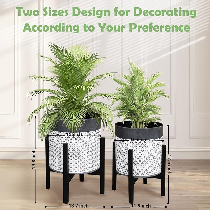 Planter with Stand Set of 2, Mid Century Plant Pots with Metal Legs Indoor, Modern Flower Pots with Drainage Holes, Decorative Garden Pot for Living Room, Office, Garden, or Balcony 10 & 12 inches-Ruum Studio Home