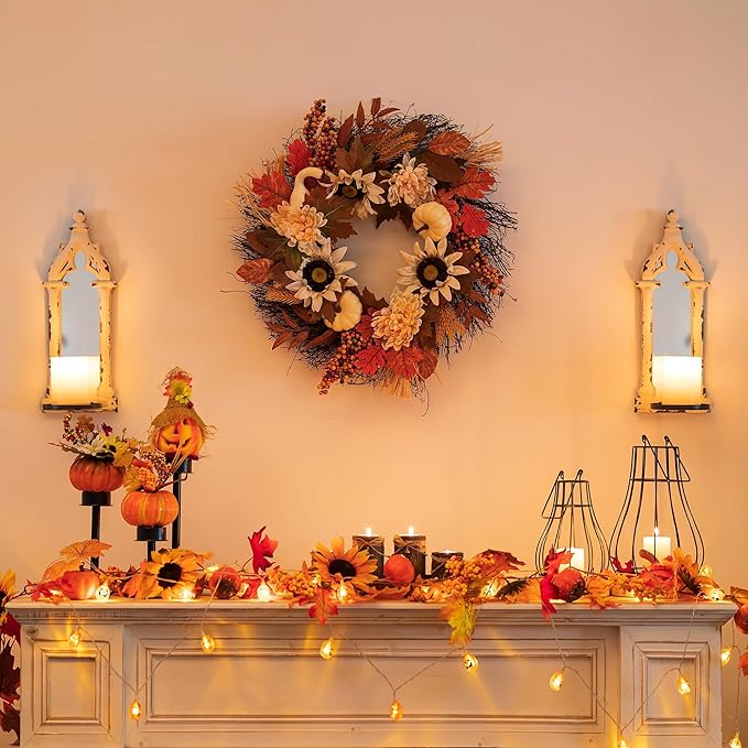 Fall Wreaths for Front Door Decor - Walasis 20 Inch Thanksgiving Wreath with Maple Leaves White Pumpkin Daisy Sunflower Wreath Autumn Harvest Decorations for Table Front Porch-Ruum Studio Home