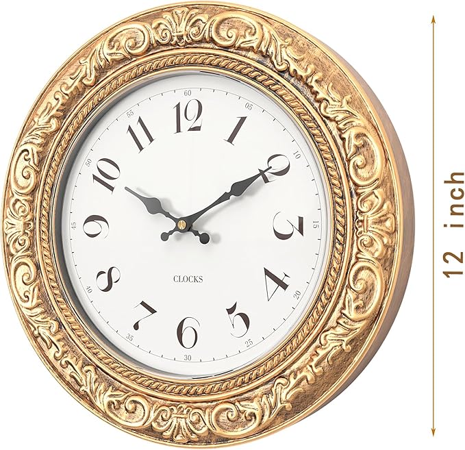 Menterry European Vintage Decorative Wall Clock, 12" Antique Gold Style, Battery Operated Wall Clocks for Kitchen, Bedroom, Farmhouse, Bathroom, Offices-Ruum Studio Home