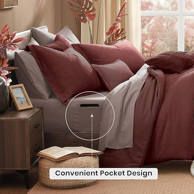 Monbix Queen Comforter Set - 7 Pieces Cationic Dyeing Dark Red Bed in a Bag Queen Bedding Sets with Comforter, Sheets, Pillowcases & Shams, Reversible Bedding Comforters Sets-Ruum Studio Home