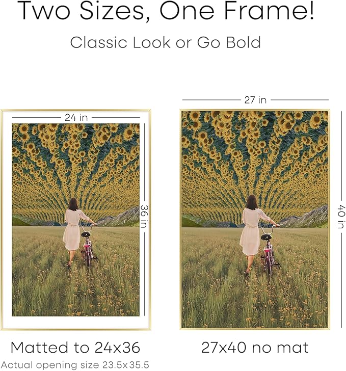 Homeforia 27x40 Picture Frame Gold, High End Metal 27 x 40 Large Poster Frames with Mat 24 by 36 inch Photo, 27x40 Gold Frame Matted to 24x36 for Print, 40x27 Frame, Tempered Glass, Wall Kit, Set of 1-Ruum Studio Home