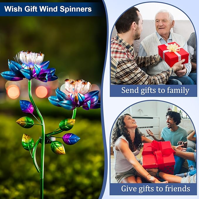 Solar Wind Spinners Blue Twin Flowers for Yard and Garden, Solar Windmill Garden Whirligig Kinetic Spinners Decor for Lawn, Patio, Yard, Metal Wind Outdoor Sculpture-Ruum Studio Home