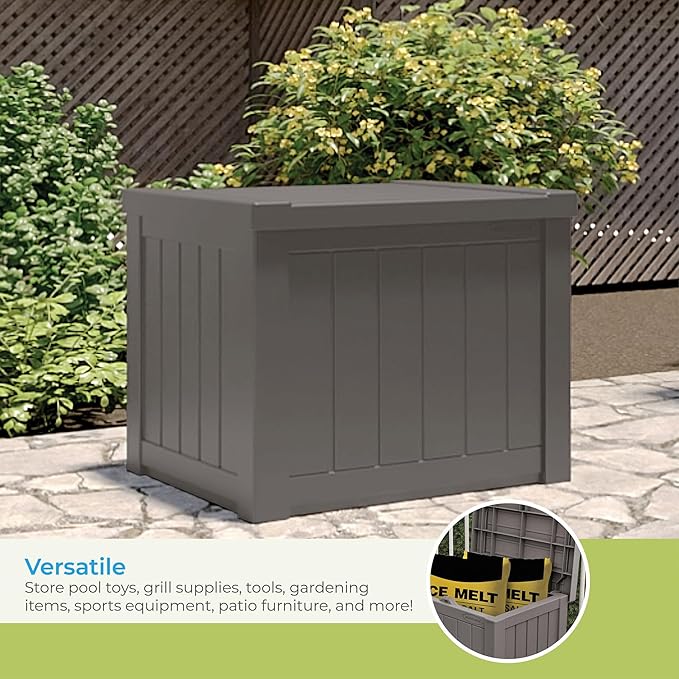 Suncast 22-Gallon Small Deck Box - Lightweight Resin Indoor/Outdoor Storage Container and Seat for Patio Cushions and Gardening Tools - Store Items on Patio, Garage, Yard - Stone Gray, Made in the USA-Ruum Studio Home