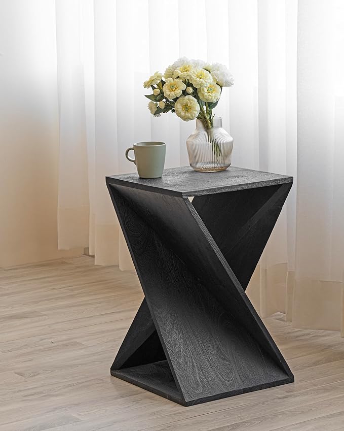 Modern Hand Made One-of-a-Kind Carved Mango Wood End Table, Farmhouse Side Table,Farmhouse End Table,Living Room,Bedroom, Accent Table, Contemporary Architectural Designed Black,Assembled-Ruum Studio Home
