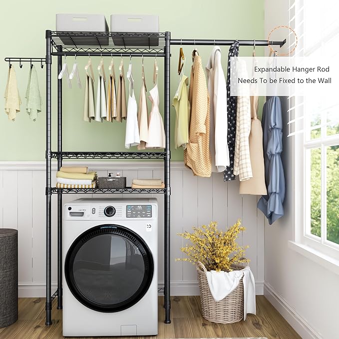 Over Washer and Dryer Shelves,3 Tier Adjustable Wire Shelving Laundry Room Storage Organization Clothes Drying Rack with Mounted on the Wall Expandable Hanger Rods&Hook,55"~74.5"Wx13.4"Dx77"H-Ruum Studio Home
