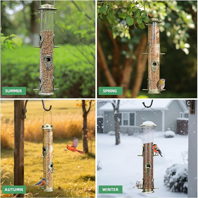 MIXXIDEA 1PK Metal Bird Feeders with 6 Feeding Ports,Tube Bird Feeder with Steel Hanger,Hard Plastic Wild Bird Feeder for Outdoors Hanging, Attracting Birds in Your Lawn, Garden, Balcony–Bronze-Ruum Studio Home