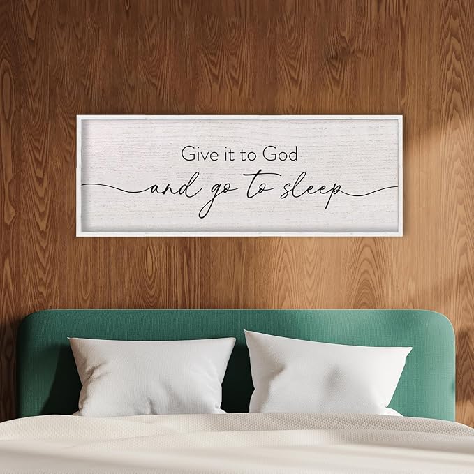 LuZhiQiang Give It To God And Go To Sleep Sign Above Over Bed Wall Decor Art 40"X15" for Master Bedroom Large Wood Framed Hanging (White)-Ruum Studio Home