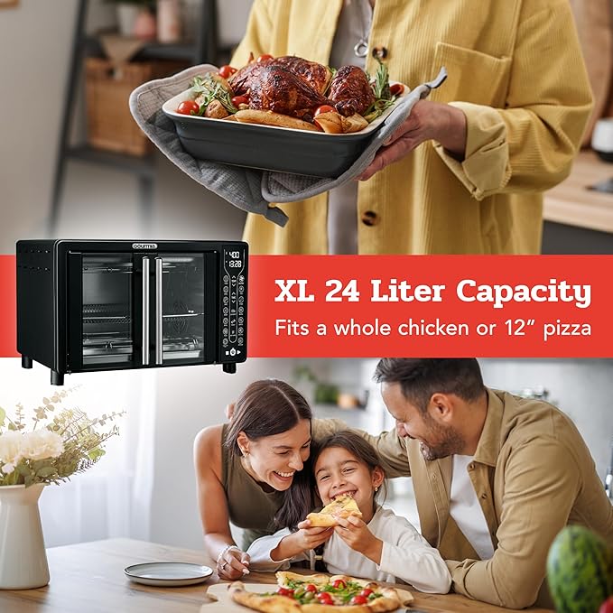 Gourmia Toaster Oven Air Fryer Combo 17 cooking presets 1700W french door digital air fryer oven 24L capacity accessories, convection rack, baking pan tray recipe book GTF7460,Large,Black-Ruum Studio Home