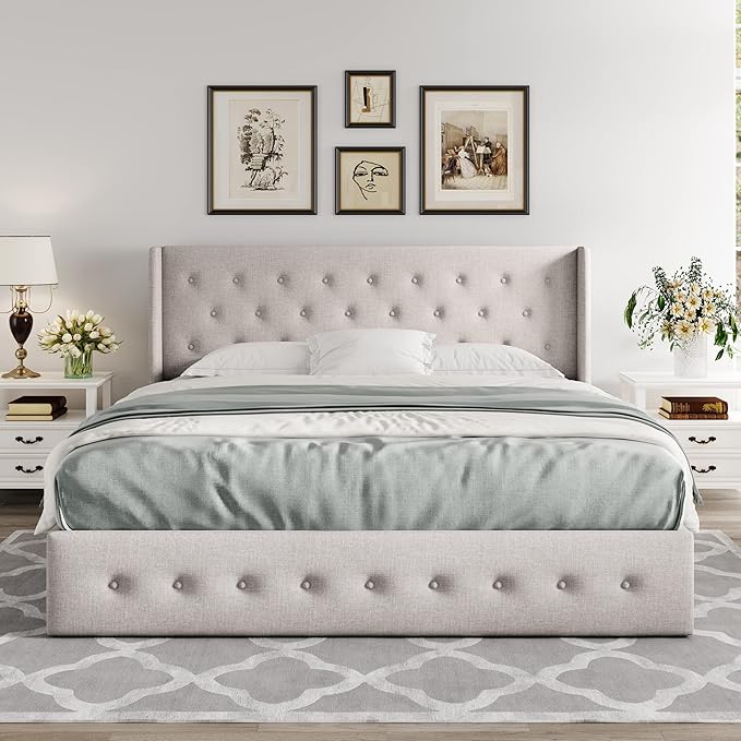 Allewie Queen Size Lift Up Storage Bed, Button Tufted Headboard with Wingback, Hydraulic Support, No Box Spring Needed, Light Beige-Ruum Studio Home