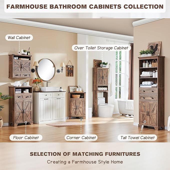 Bathroom Wall Cabinet, Farmhouse 24" Wide Medicine Cabinet with Drawer, Adjustable Shelf, Double Barn Doors, Storage Cabinets for Bathroom, Kitchen, Living Room, Rustic Brown-Ruum Studio Home
