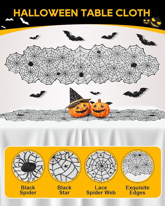 eZAKKA 5 Pack Halloween Decorations Indoor Halloween Spider Web Tablecloth Table Runners Fireplace Mantel Scarf Cobweb Lampshade Scary 3D Bats for Parties Gothic Spooky Home Decoration-Ruum Studio Home