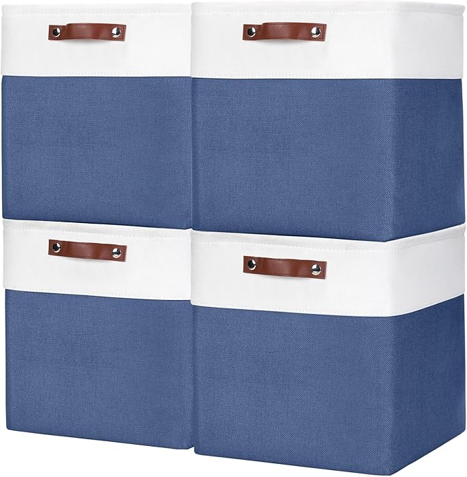 13x13 Cube Storage Bins, Collapsible Fabric Storage Box, 4 Pack Closet Baskets with Handles for Organizing, Shelf, Toys, Clothes, Home, Office, Nursery (NavyBlue&White)-Ruum Studio Home