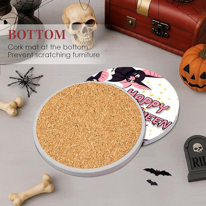 Coaster for Drinks Set of 6, Happy Halloween Cute Ghost Groovy Pink Absorbent Round Ceramic Stone Mat, with Cork Base and Metal Holder, Gift for Housewarming Room Bar Decor-Ruum Studio Home