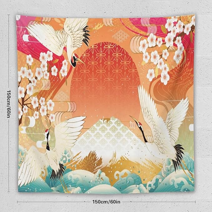 HZOHNAGO Japanese Tapestry Cherry Blossom Crane Sea Wave Fuji Mountain Red Sun Pattern Printed Wall Tapestry Painting Wall Hanging for Bedroom Living Room Dorm 60" W x 60" H-Ruum Studio Home