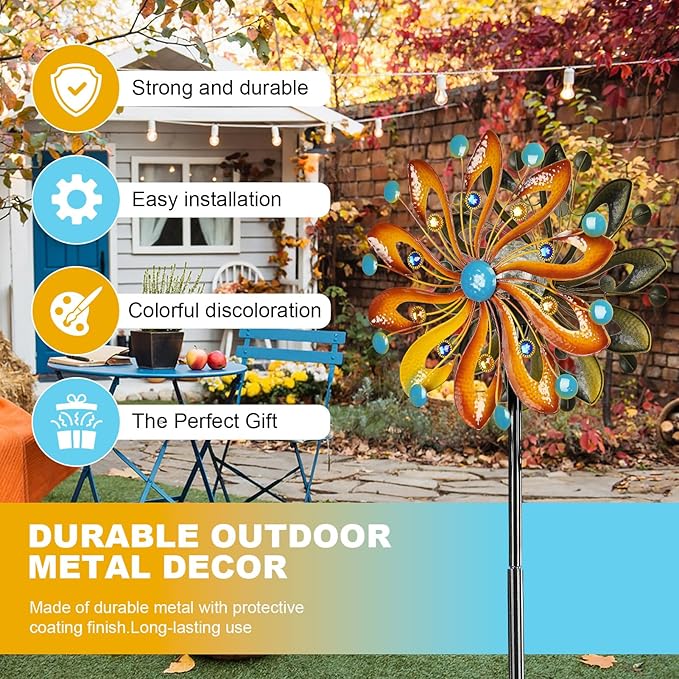 Wind Spinners for Yard and Garden - Wind Sculptures & Spinners 75 in Garden Kinetic Art with Solar Powered Multi-Color Glass Ball Light - Gradient Brown-Ruum Studio Home