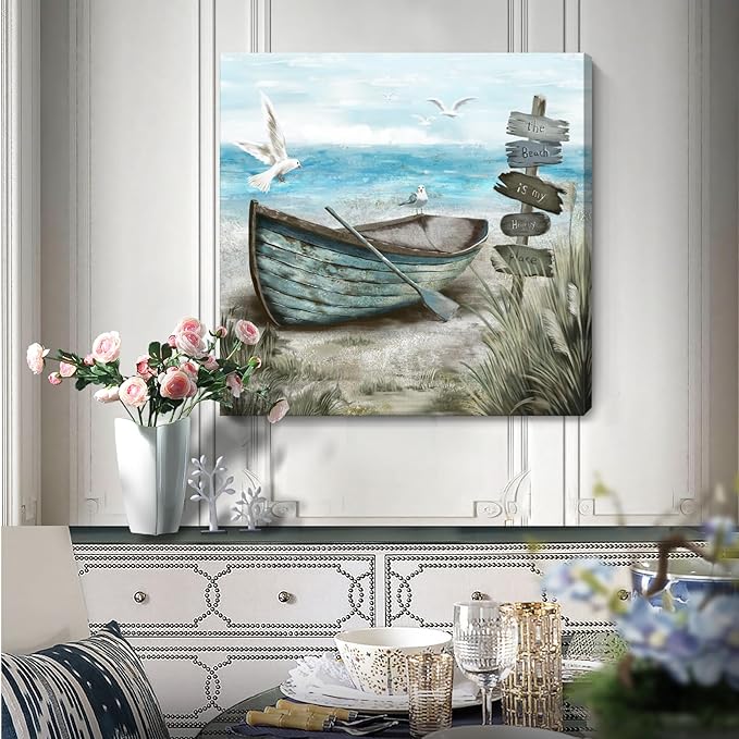 Canvas Wall Art Beach Décor Wall Picture Rustic Coastal Sand Canvas Print Ocean Nautical Painting Seascape Sea Bird Vintage Ship Boat Artwork for Seaside Living Room Bedroom Bathroom Decor Blue Large-Ruum Studio Home