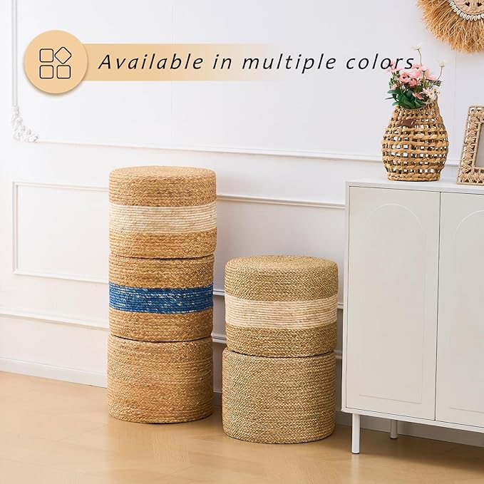 Handwoven Water Hyacinth Ottoman Pouf, Round Outdoor Footstool with Sturdy Frame, No Assembly Needed, Boho Accent Stool for Indoor & Outdoor Use – Patio, Balcony, Living Room (Natural)-Ruum Studio Home