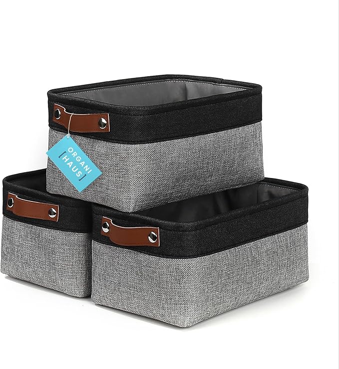 OrganiHaus Small Fabric Storage Baskets for Shelves 3 Pack, 12x8in Closet Storage Bins for Shelves, Cloth Baskets for Organizing, Linen Closet Organizers, Fabric Basket, Gray/Black-Ruum Studio Home