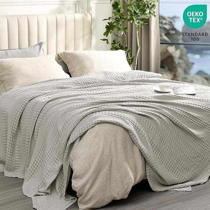 PHF Cooling Waffle Blanket Twin Size, Lightweight 60% Rayon Derived Bamboo & 40% Cotton Breathable Blanket for Hot Sleepers, Soft and Luxury for Bed Couch and Sofa, 66"x90", Grey-Ruum Studio Home