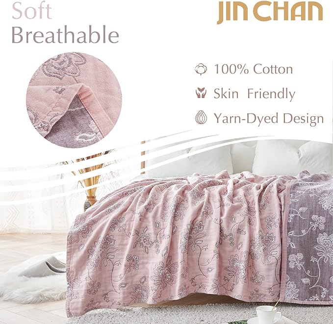 jinchan Boho 100% Cotton Muslin Twin Size 60x80 Inches Blanket Lightweight 4-Layer Quilted Soft Pink Red Floral Throw Blanket Reversible Comfy Flower Breathable All Seasons Couch Bedroom Decor-Ruum Studio Home