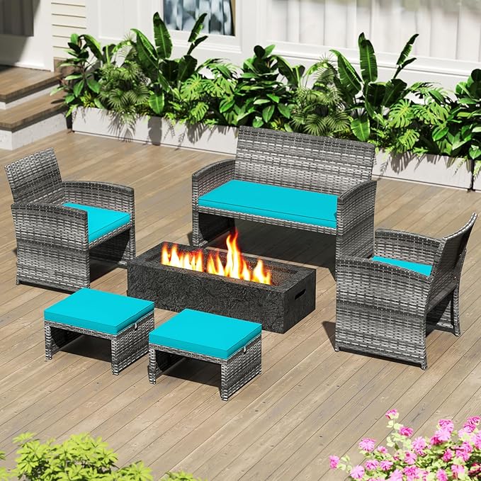 Tangkula 2 Pieces Patio PE Rattan Ottomans, Multipurpose Outdoor Footstool Footrest Additional Seating Side Table with Soft Zippered Cushions for Deck, Garden, and Yard (Turquoise)-Ruum Studio Home