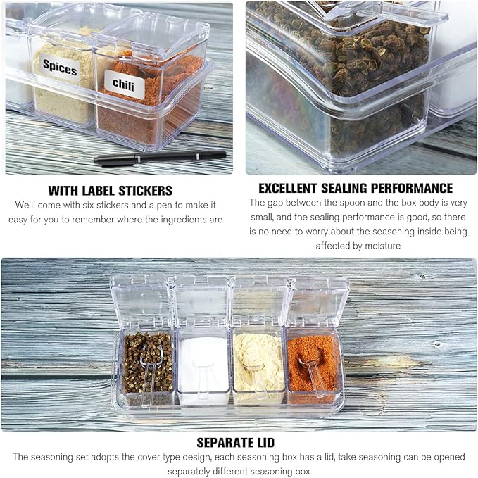 XIUDI Clear Seasoning Rack Spice Pots-4 Pieces Clear Seasoning Storage Container for Spice Salt Sugar Cruet.Acrylic Seasoning Box, Cruet with Cover and Spoon-Ruum Studio Home