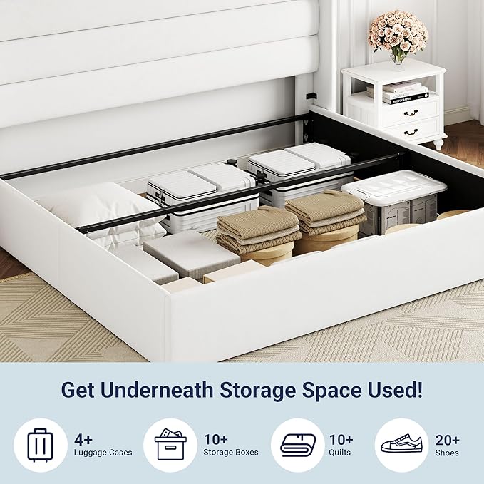 Allewie King Size Velvet Lift Up Storage Bed, Modern Wingback Headboard, Hydraulic Support, No Box Spring Needed, White-Ruum Studio Home