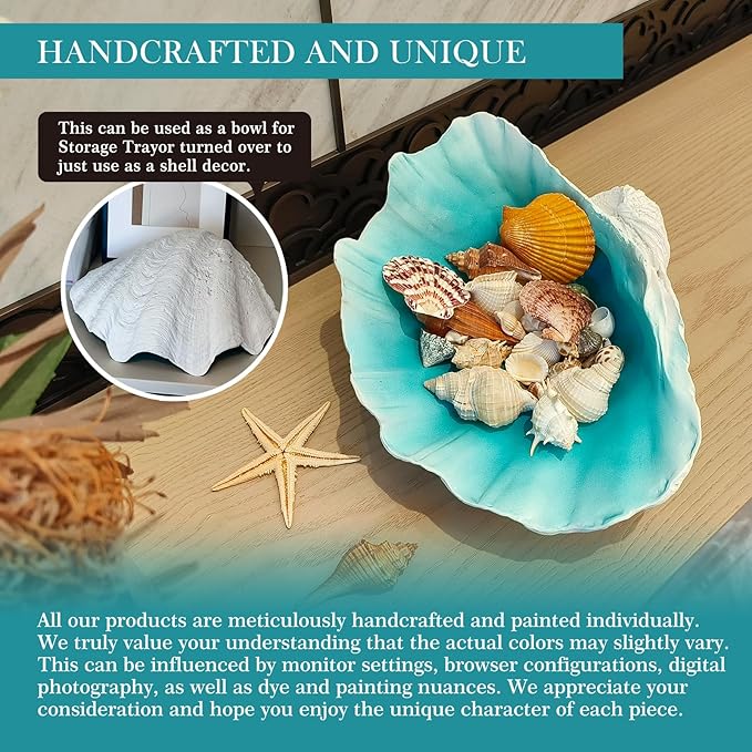 Large Turquoise-Aqua blue Sea Shells Decorative Bowl Resin Clam Shell Bowl Beach Decorations for Home Coastal Beach Decor Decoration Storage Bowls & Home Office Nautical Themed Party Decor -10.2-1PC-Ruum Studio Home