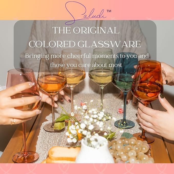 Saludi Original Dark Rose Wine Glasses, 16.5oz (Set of 6) Stemmed Single Color Red Barbie Glass - Great for All Wine Types and Occasions or Gifts - Luxury, Durable, Hand-Blown-Ruum Studio Home