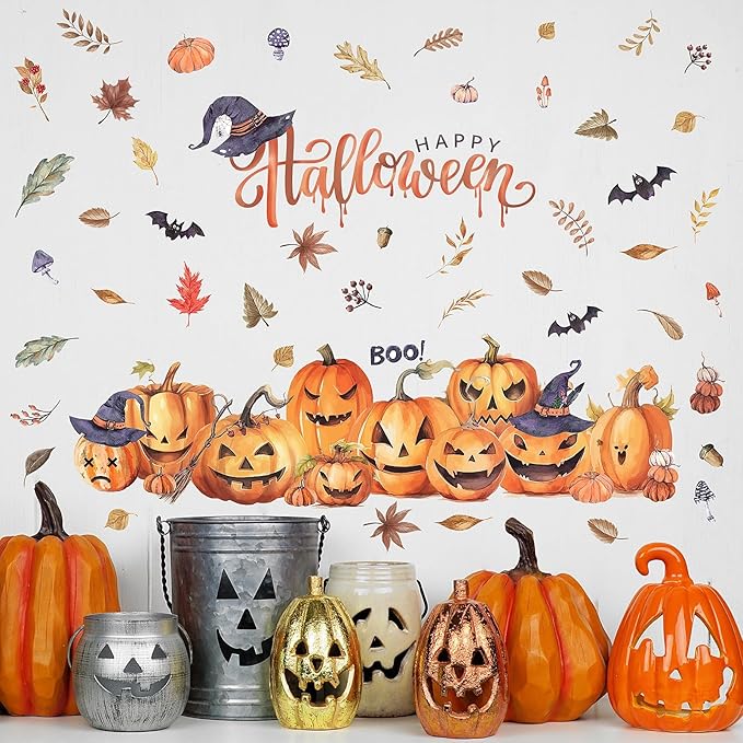 clothmile 38.18 x 36.15 Inch Halloween Wall Decals Halloween Pumpkins Bat Leaves Wall Stickers Removable Halloween Peel and Stick Sticker for Halloween Party Supplies Home Window Decor-Ruum Studio Home