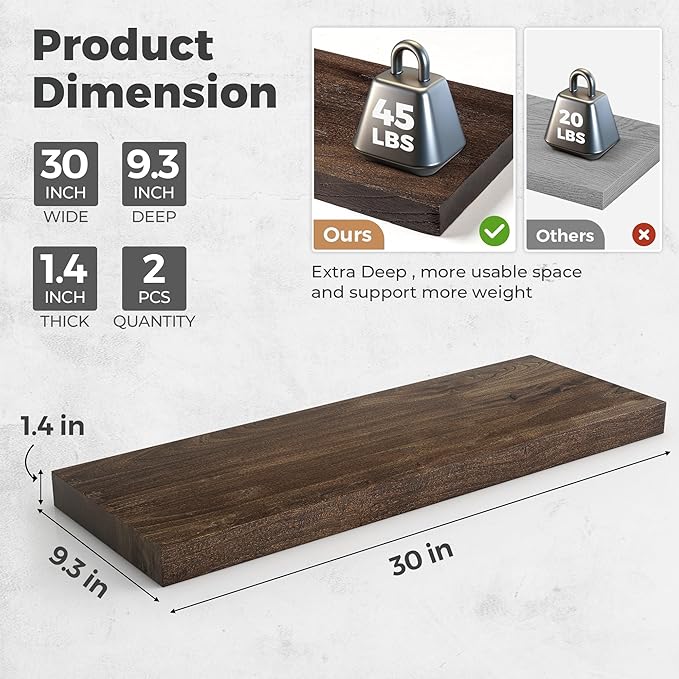 RICHFOCUS Elm Floating Shelves for Wall - 30" W x 9.3" D Rustic Solid Wood Shelves with Invisible Bracket, Wall-Mounted for Living Room, Bedroom, Kitchen Storage & Display, Set of 2, Walnut-Ruum Studio Home
