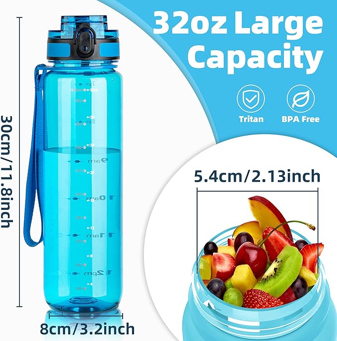 OLDLEY 32 oz Water Bottle, Motivational Water Bottle with Time Marker, Sports Water Bottle With Strap, Leakproof & BPA Free Large Water Bottles for School,Gym,Outdoor, Tritan, Transparent-Blue-Ruum Studio Home