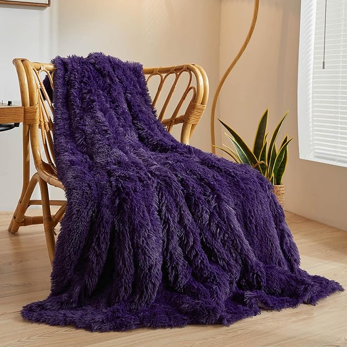 XeGe Plush Faux Fur Throw, Dark Purple Luxurious 50x60 Shaggy Furry Blanket, Thick Fluffy Microfiber Velvet Couch Blanket, Ultra Soft Fuzzy Office Lap Throw for Sofa Bed Car Purple-Ruum Studio Home