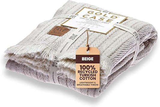 Gold Case Throw Blanket for Couch – 100% Recycled Turkish Cotton Blankets & Throws – Elegant Decorative Throw Blankets for Living Room Sofa – Woven Throws for Couch – Vintage Beige – 60x80-Ruum Studio Home