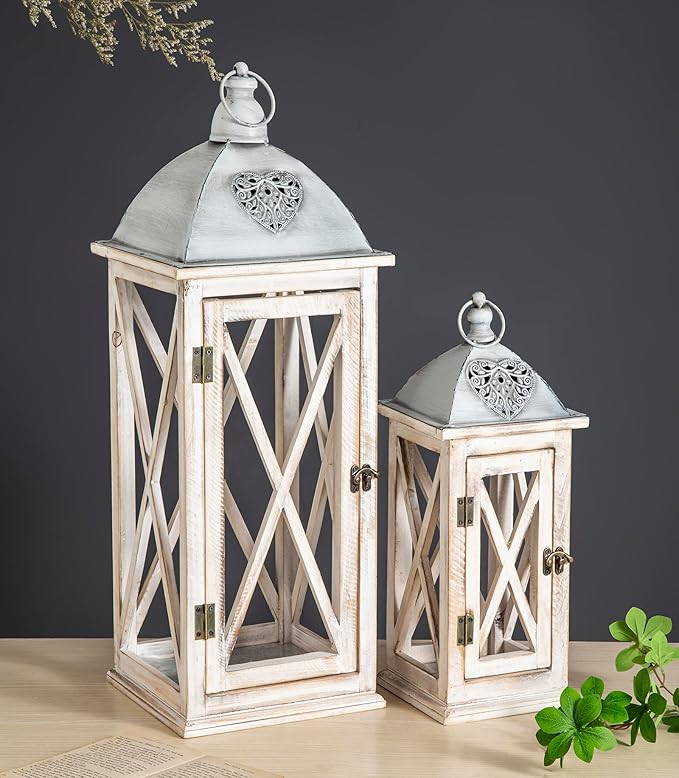 Set of 2 Large Farmhouse Wooden Metal Lanterns, Rustic Decorative Floor Candle Lanterns, Whitewash Distressed Hanging Lanterns for Home Decor (No Glass)-Ruum Studio Home