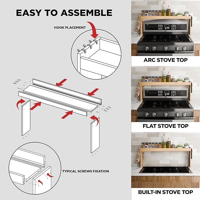 Edgecrest Bamboo Over The Stove or Sink Modern Spice Shelf, No Annoying Middle Screw, 31.5” Wide Storage, 11.4” High Countertop Shelf, 6 Side Hooks, Easy to Assemble, Eco-Friendly Durable Material-Ruum Studio Home