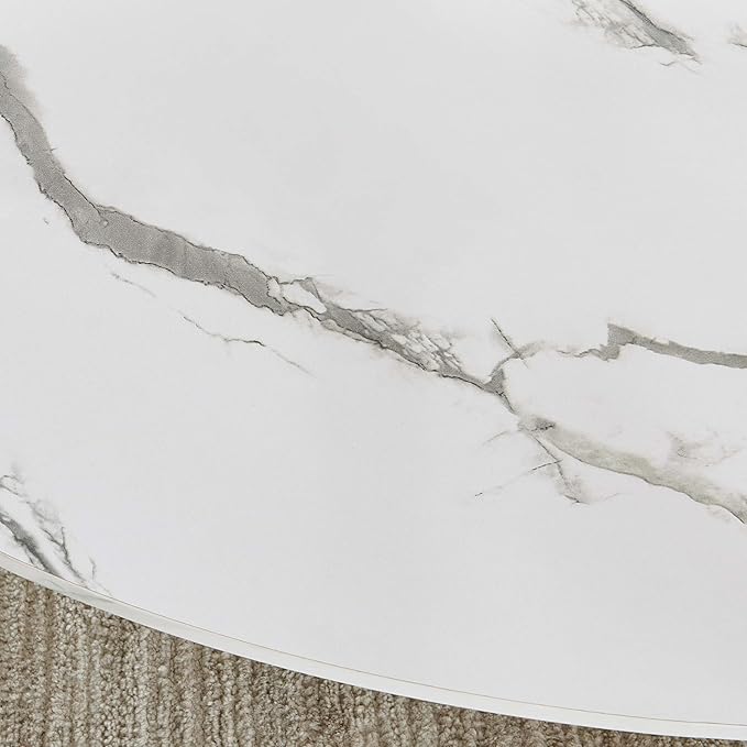 Oval Glass Coffee Table, Mid-Century Modern Design, L43 x W22 x H17 inch, Surfboard Shaped Clear Glass Top and White Marble Finish Wood Shelf, Tapered Legs with Gold Finish Frame-Ruum Studio Home