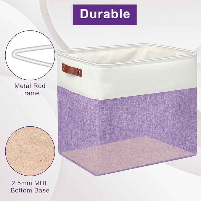 Large Fabric Storage Baskets | 50L Storage Bins, Decorative Linen Closet Baskets with Handles for Organizing, Shelf, Toys, Clothes, Home, Office, Nursery, 17x12x15Inches (Purple&White)-Ruum Studio Home