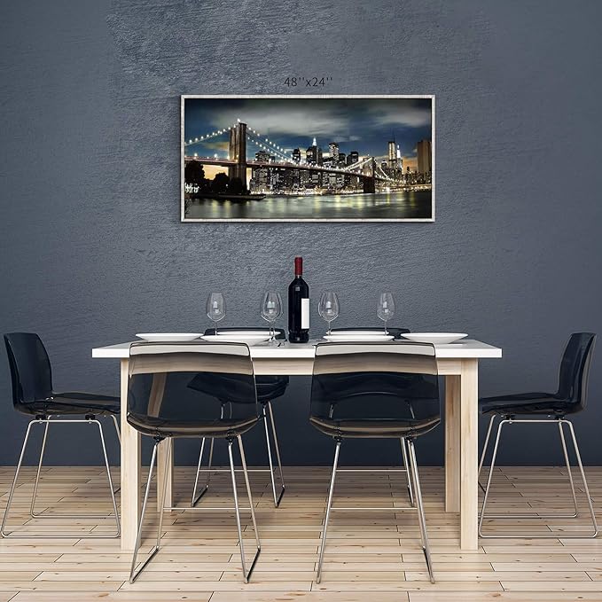 Framed Brooklyn Bridge Wall Art: Large Size New York Cityscape Skylines Night Scene Modern Picture Artwork for Home Office Decoration (48” X 24”)-Ruum Studio Home