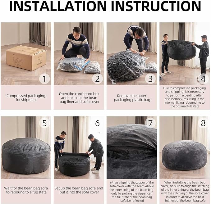 Bean Bag Chair 4Ft, Memory Foam Filled, Large Beanbag Chairs for Adults and Teens, Soft Sofa with Removable Flannel Cover, Round Couch for Living Room Bedroom College Dorm (Dark Gray, 4FT-47×47"×24")-Ruum Studio Home