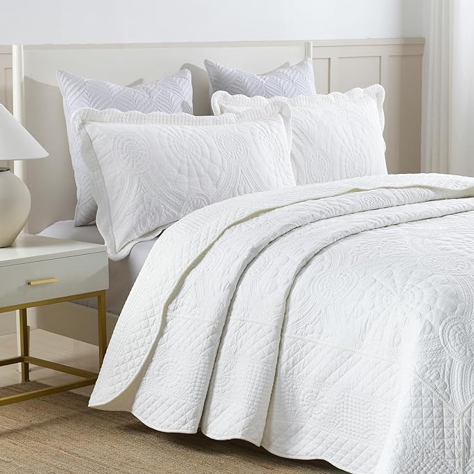 MarCielo 3-Piece 100% Cotton Oversized Bedspread Lightweight Quilt Coverlet Embroidery Farmhouse Bedding (Tf Bright White, Oversized Queen (100"x106"))-Ruum Studio Home