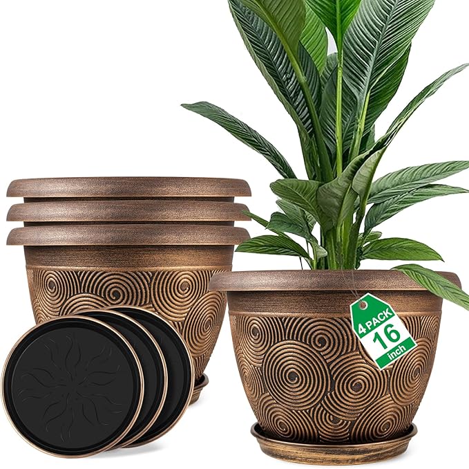 16 Inch Large Planter Pot for Plants Indoor Outdoor, 4 Pack Plastic Flower Pots with Drainage Hole & Tray, Modern Decorative Garden Pot with Saucer, Plant Container for House-Ruum Studio Home