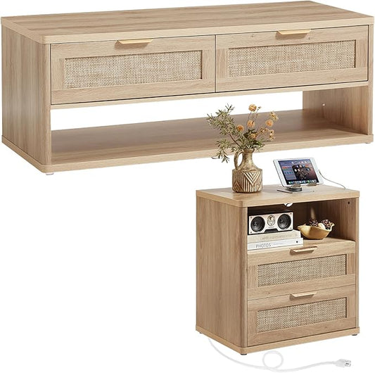 LEYAOYAO Boho Rattan Coffee Table and End Table Sets, 48" Wide Center Tables & 23" Night Stand with Charging Station Chest of Drawers, Natural Wood Coffee Table for Living Room 2 Piece Set-Ruum Studio Home