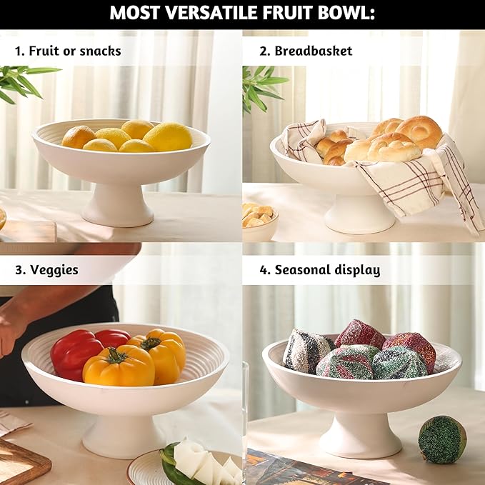 Folkulture Wooden Fruit Bowl for Kitchen Counter | 12" Large Premium Eco Friendly Banana Fruit Basket for Kitchen | White Wood Bowl with Holder, Pedestal for Table Decor, Centerpiece for Dining Table-Ruum Studio Home
