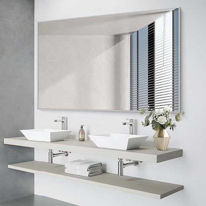 36x55 inch Bathroom Mirror, Silver Rectangle Mirror with Thin Metal Frame, Large Rectangular Wall Mirrors for Bathroom, Living Room, Big Mirror Hang Horizontal/Vertical-Ruum Studio Home